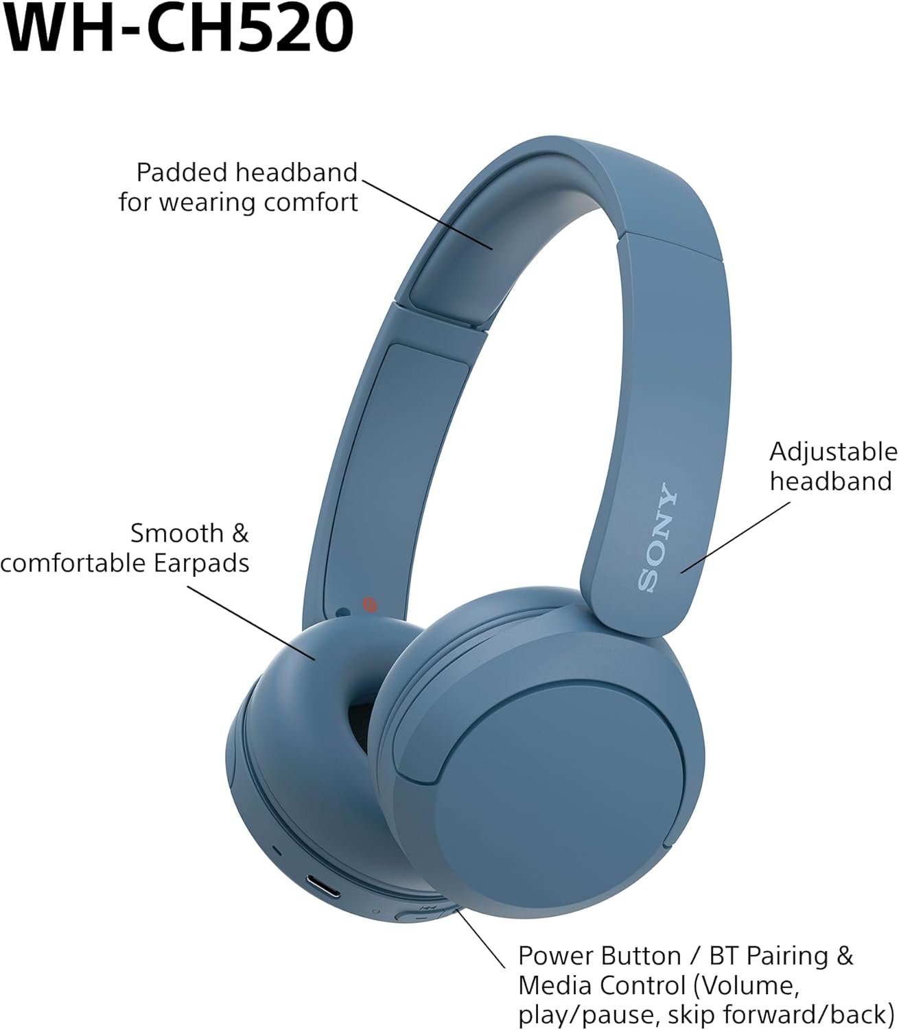 Sony WH-CH520 Wireless Bluetooth Headphones - up to 50 Hours Battery Life with Quick Charge, On-ear style - Blue - Image 9