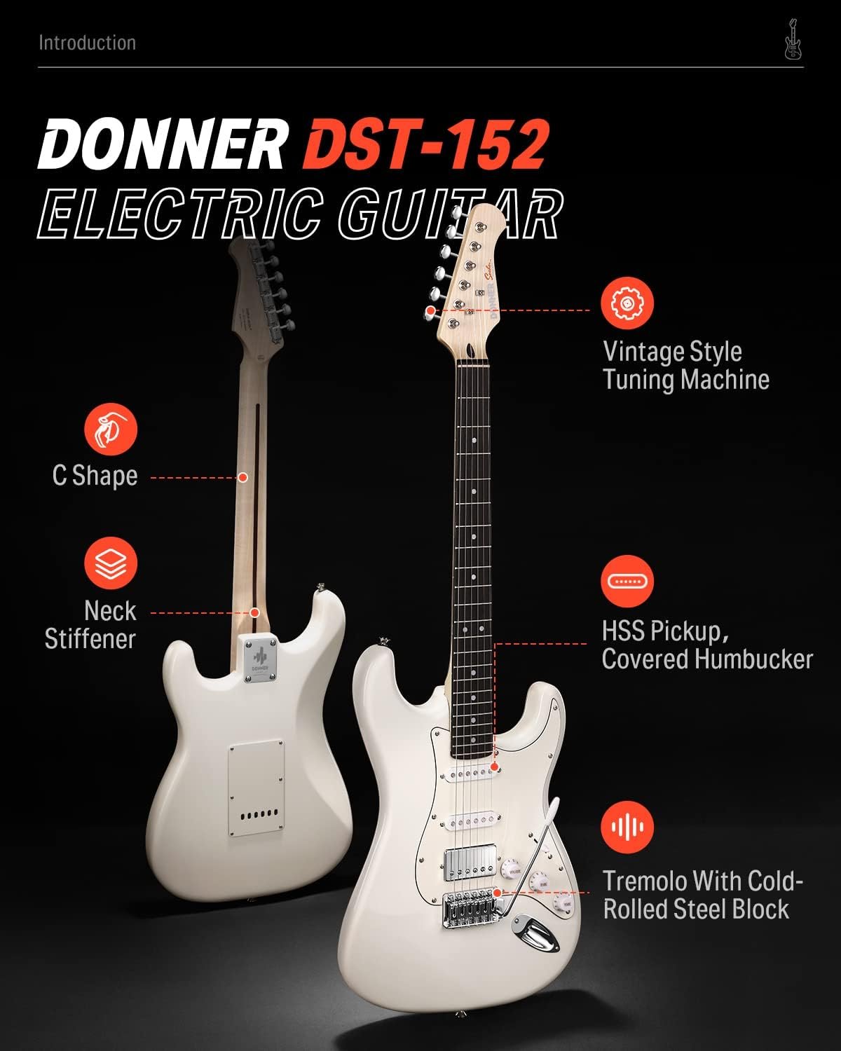 Donner Electric Guitar Kit, Full Size 39 Inch Solid Body E Guitar Set with Amplifier, Bag, Capo, Strap, String, Tuner, Cable and Picks (Polar White) - Image 3