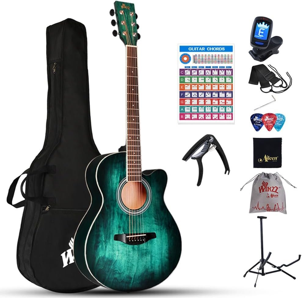 Winzz 40 Inches Acoustic Steel-string Guitar Beginner, Elegant Unique Color Design (Blue-green) - Image 2