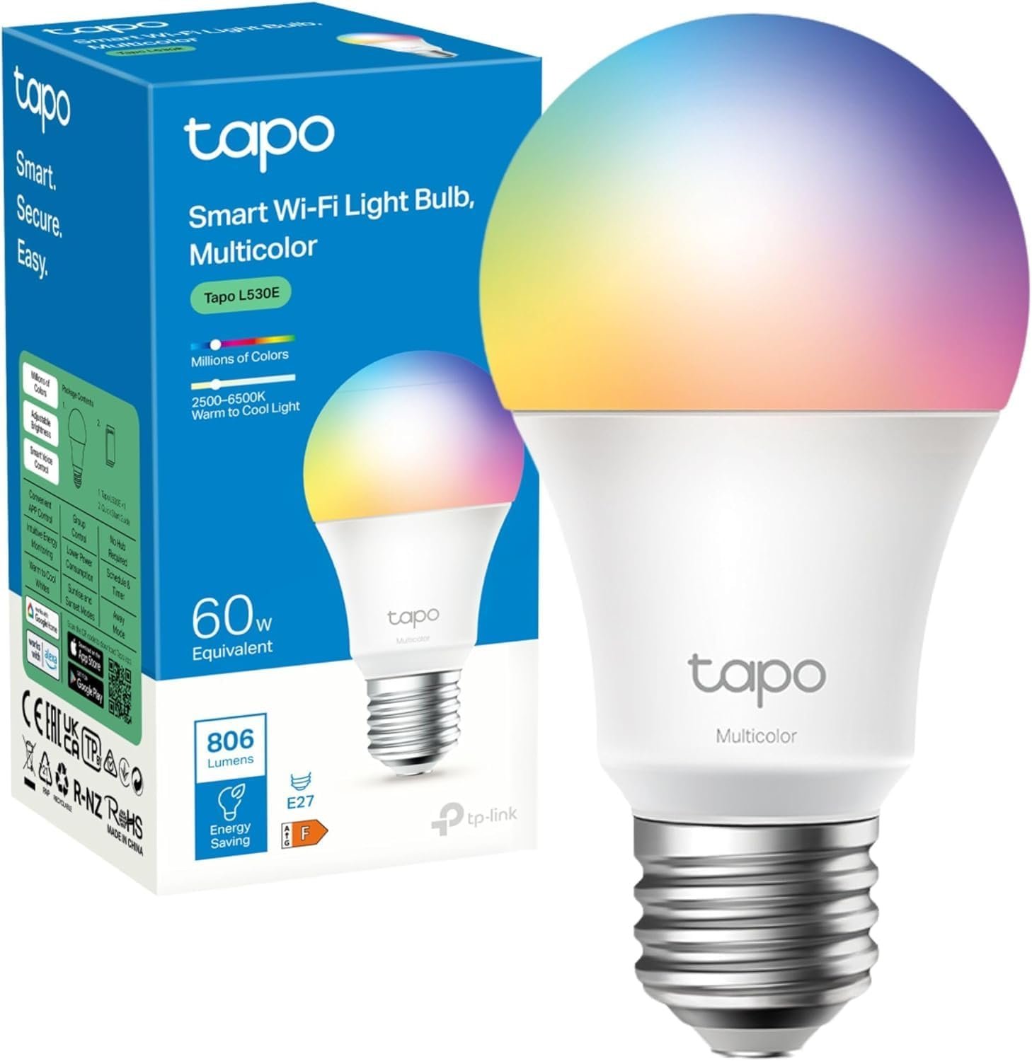 Tapo L530E Smart Bulb, E27 Multicolour Alexa Light Bulb, 8.3W (60W), Dimmable, Schedule & Timer, Away Mode, Energy Saving, Voice Control Alexa & Google, App Remote Control - Image 2