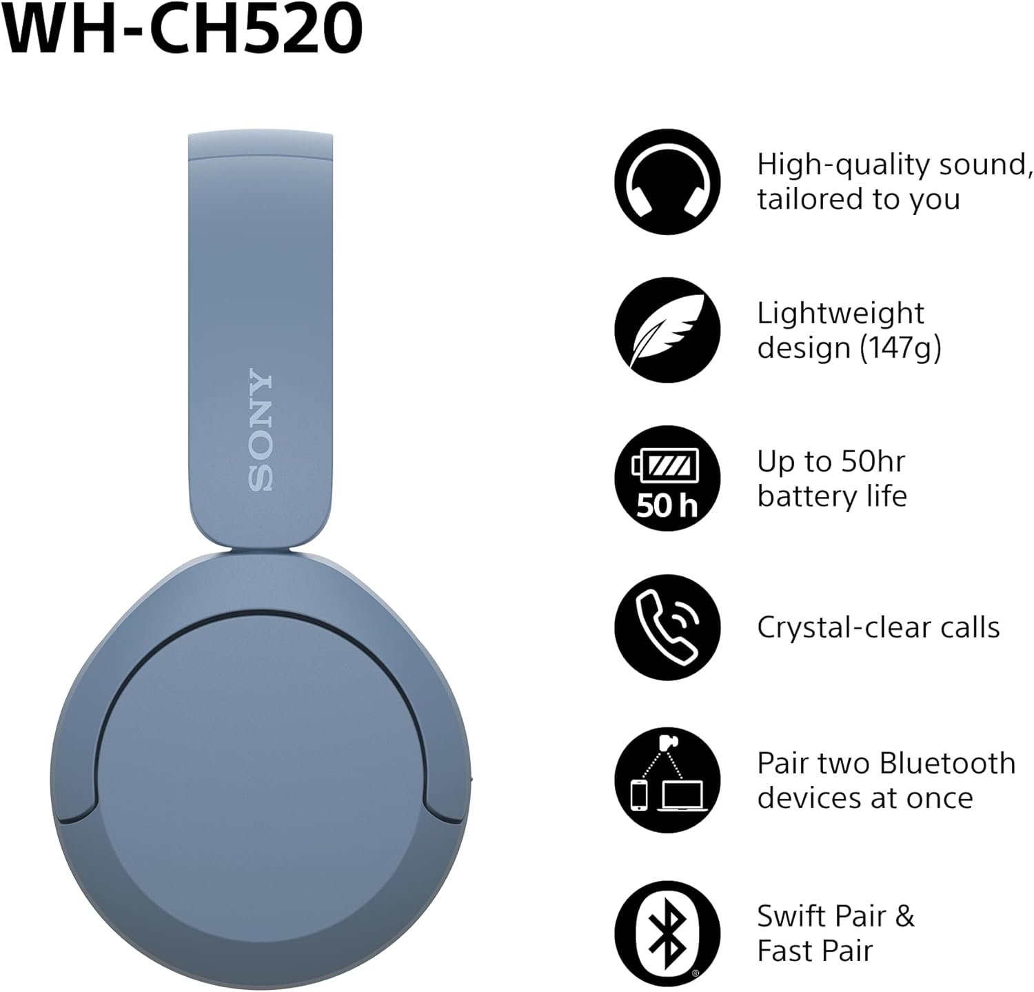 Sony WH-CH520 Wireless Bluetooth Headphones - up to 50 Hours Battery Life with Quick Charge, On-ear style - Blue - Image 3
