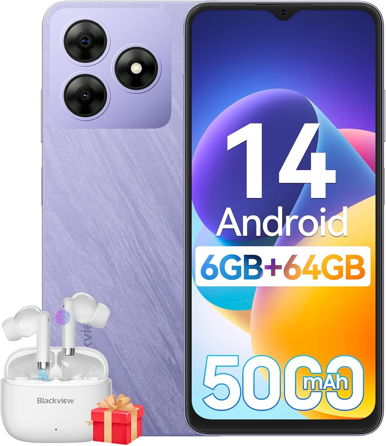 Blackview WAVE 8C Smartphone, 6GB RAM+64GB ROM/2TB, Mobile Phones Android 14, 6.56" HD+Display, 5000mAh Sim Free Mobile Phones Unlocked, 8MP+13MP Camera, 3 Card Slots,Face Unlocked, OTG, GPS - Purple - Image 2