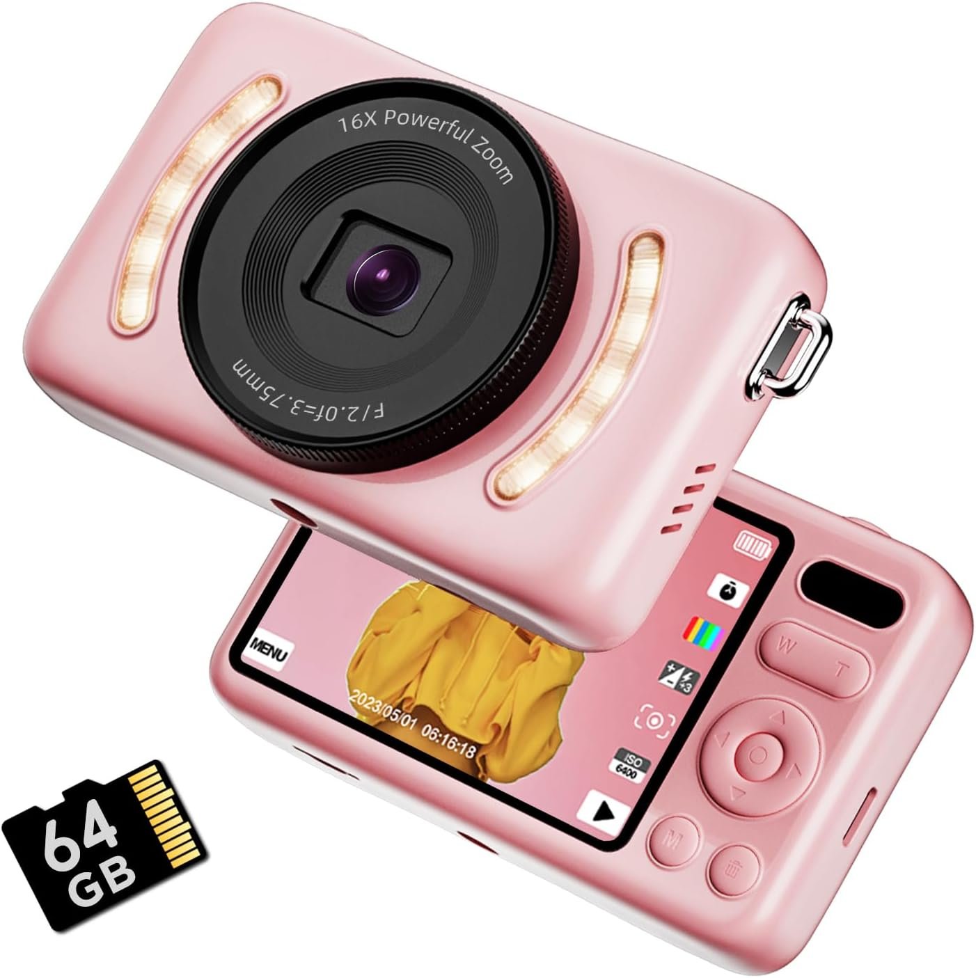 Digital Camera with 64GB Card Autofocus 2.7K 64MP Kids Camera with 16X Zoom Anti Shake, 2.8-inch HD screen, Compact Portable Small Point and Shoot Digital Cameras Gift for Kid Student Teen Girl Boy - Image 2