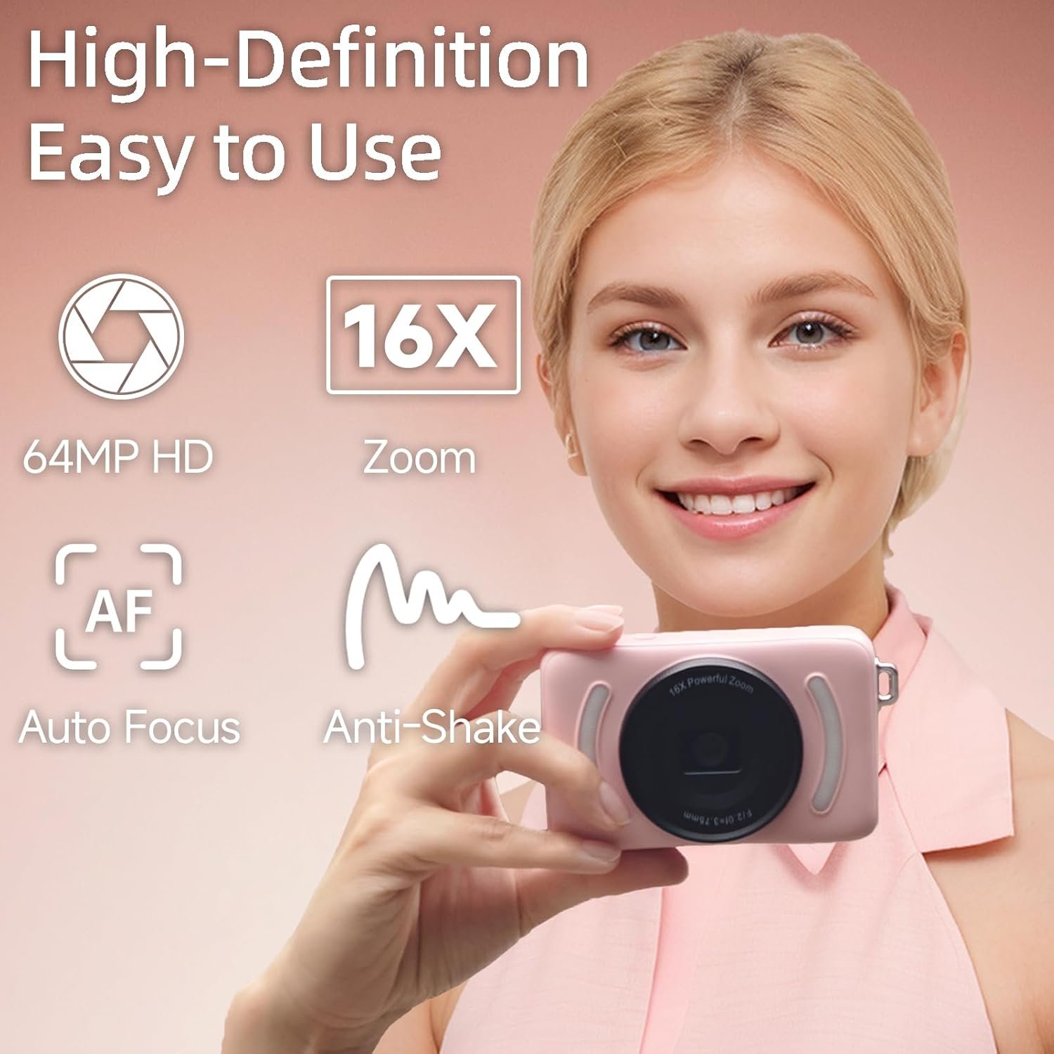 Digital Camera with 64GB Card Autofocus 2.7K 64MP Kids Camera with 16X Zoom Anti Shake, 2.8-inch HD screen, Compact Portable Small Point and Shoot Digital Cameras Gift for Kid Student Teen Girl Boy - Image 3