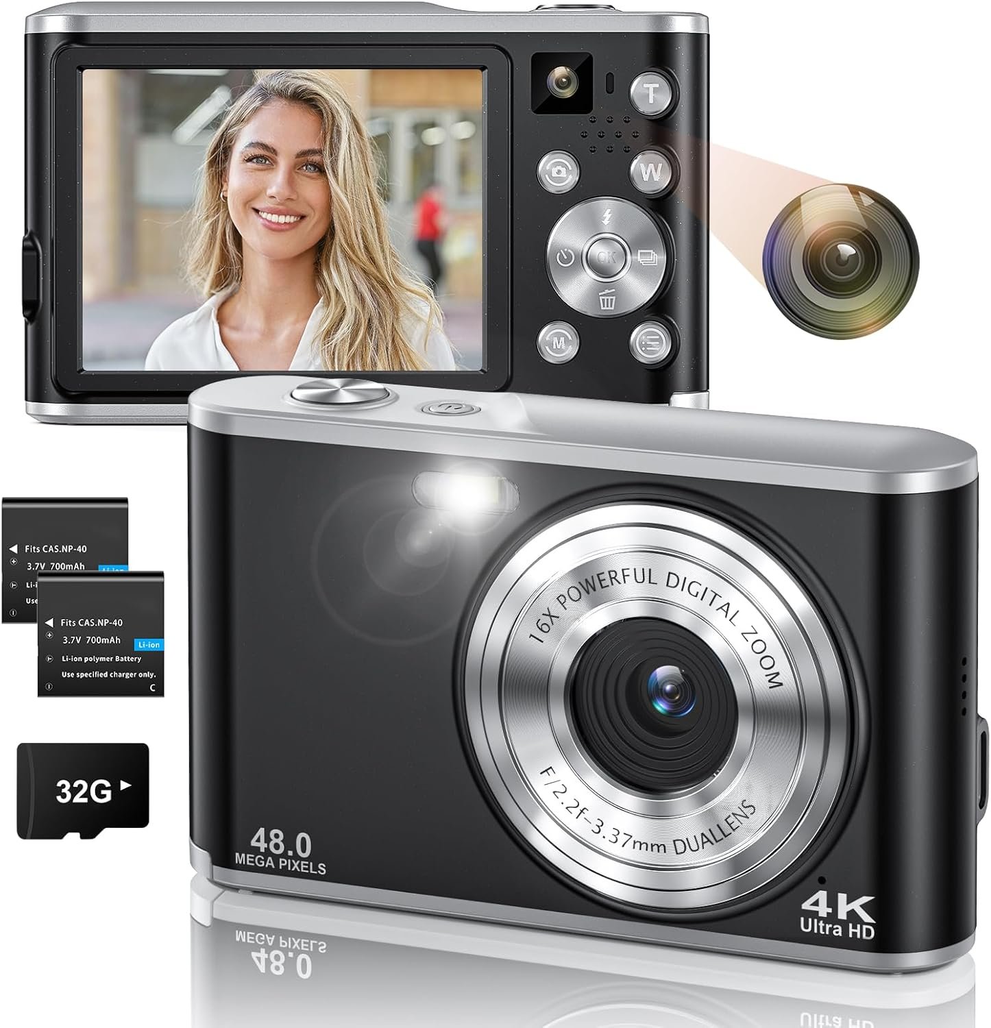 Digital Camera- Compact Camera 4K 48MP Autofocus Dual-Lens with 32GB SD Card, 2.8" Screen, 16X Zoom, 2 Batteries, Vlogging Selfie Camera for Kids & Beginners - Image 2