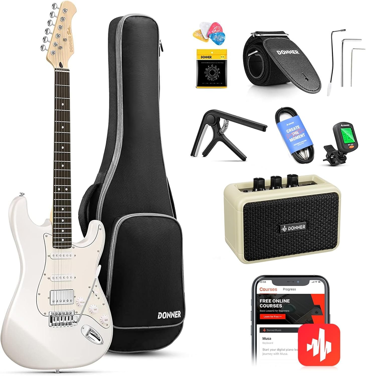 Donner Electric Guitar Kit, Full Size 39 Inch Solid Body E Guitar Set with Amplifier, Bag, Capo, Strap, String, Tuner, Cable and Picks (Polar White) - Image 2