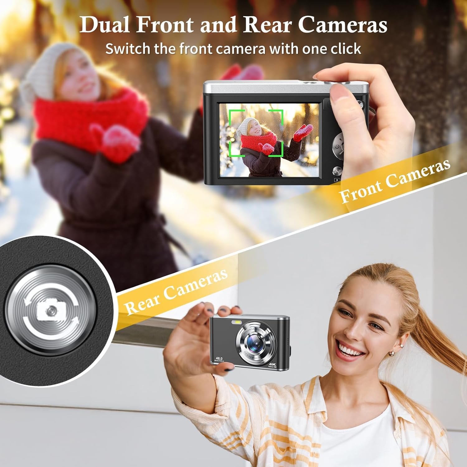 Digital Camera- Compact Camera 4K 48MP Autofocus Dual-Lens with 32GB SD Card, 2.8" Screen, 16X Zoom, 2 Batteries, Vlogging Selfie Camera for Kids & Beginners - Image 5