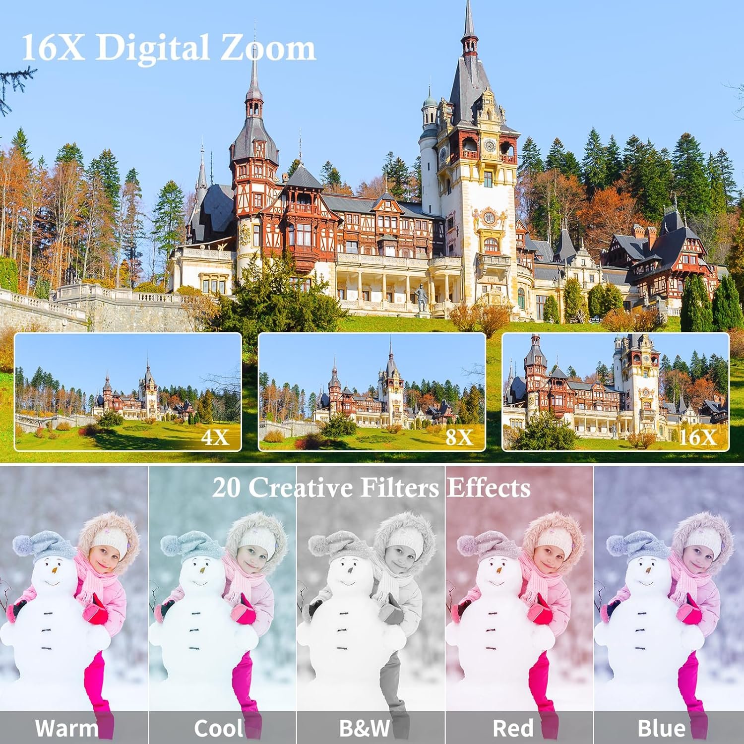 Digital Camera- Compact Camera 4K 48MP Autofocus Dual-Lens with 32GB SD Card, 2.8" Screen, 16X Zoom, 2 Batteries, Vlogging Selfie Camera for Kids & Beginners - Image 4