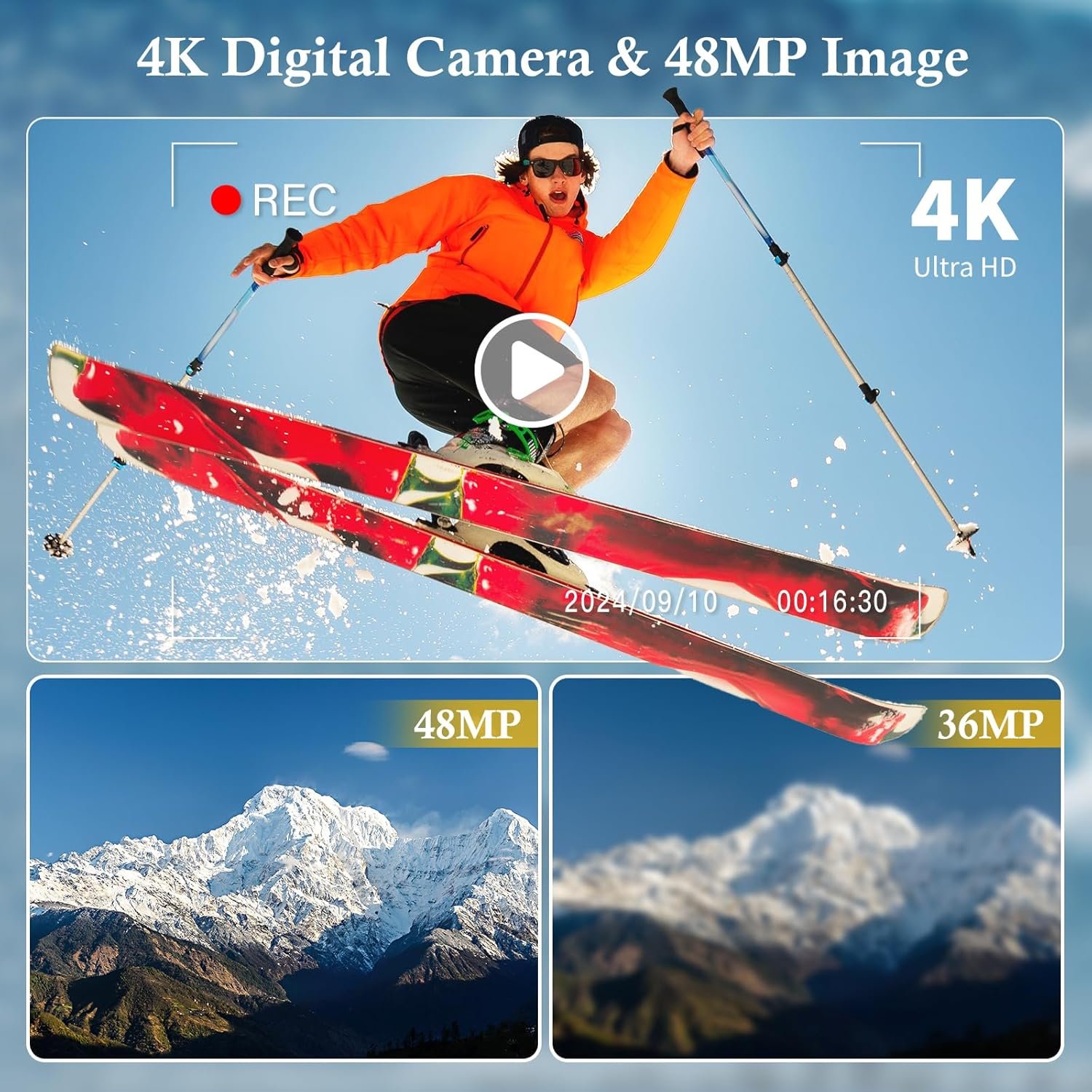 Digital Camera- Compact Camera 4K 48MP Autofocus Dual-Lens with 32GB SD Card, 2.8" Screen, 16X Zoom, 2 Batteries, Vlogging Selfie Camera for Kids & Beginners - Image 7