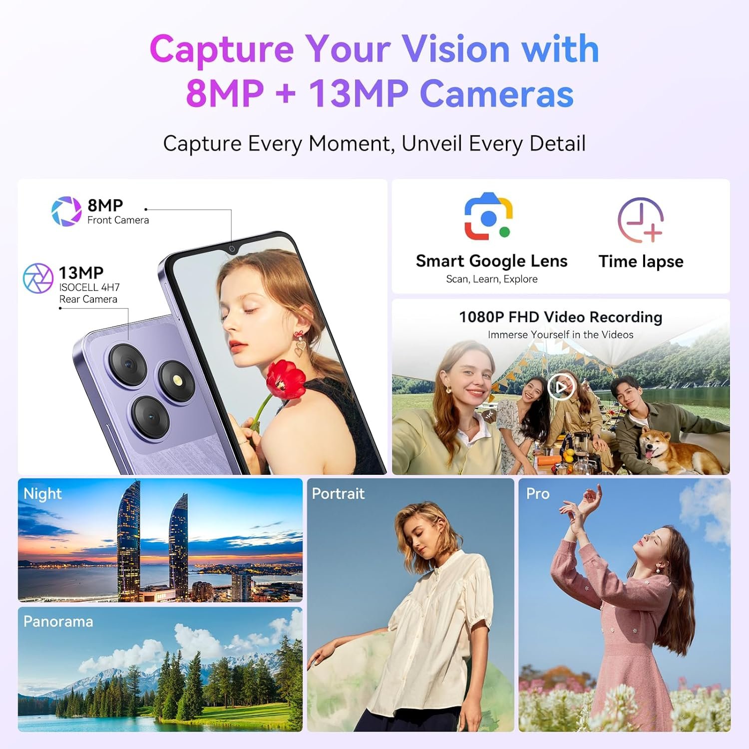 Blackview WAVE 8C Smartphone, 6GB RAM+64GB ROM/2TB, Mobile Phones Android 14, 6.56" HD+Display, 5000mAh Sim Free Mobile Phones Unlocked, 8MP+13MP Camera, 3 Card Slots,Face Unlocked, OTG, GPS - Purple - Image 6