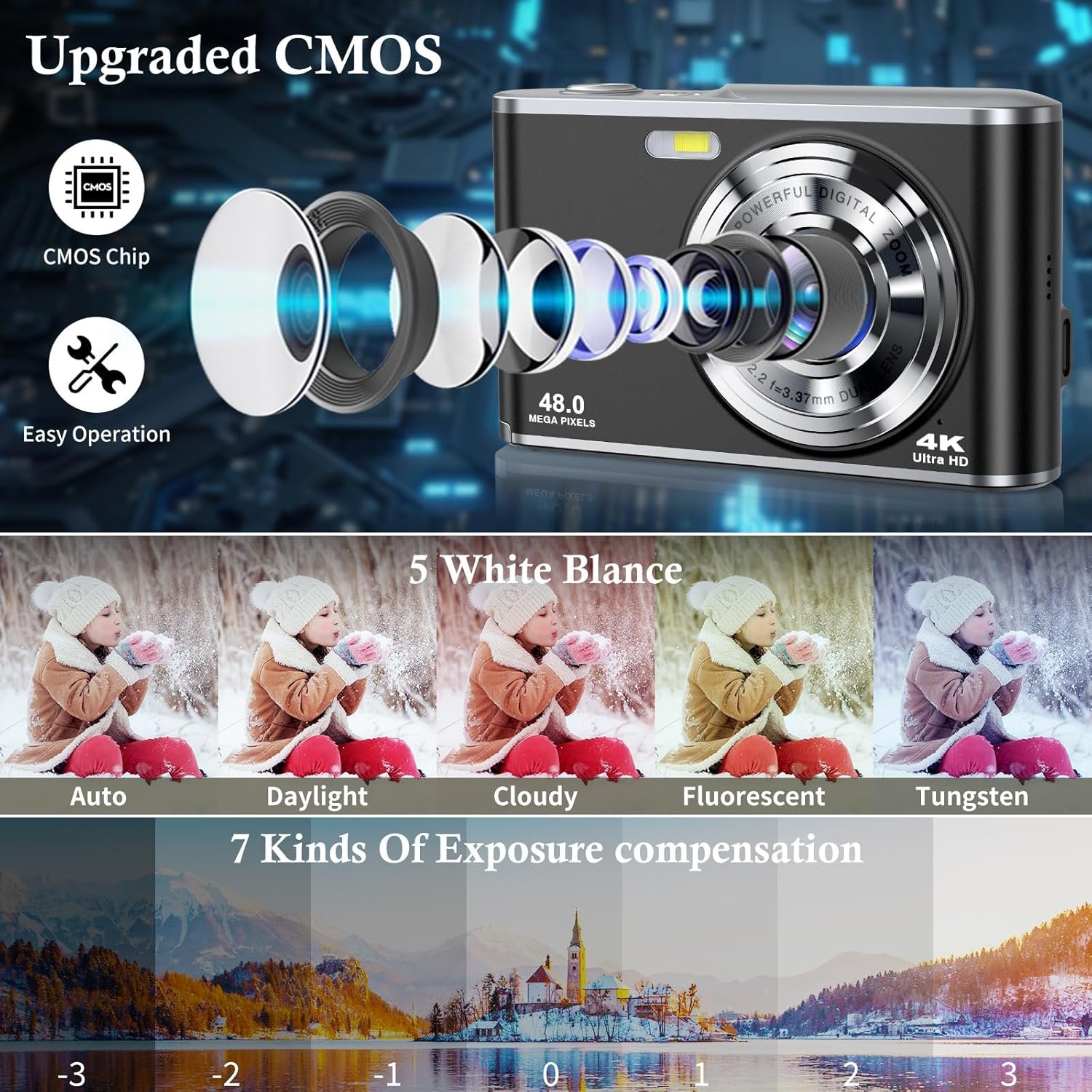 Digital Camera- Compact Camera 4K 48MP Autofocus Dual-Lens with 32GB SD Card, 2.8" Screen, 16X Zoom, 2 Batteries, Vlogging Selfie Camera for Kids & Beginners - Image 3