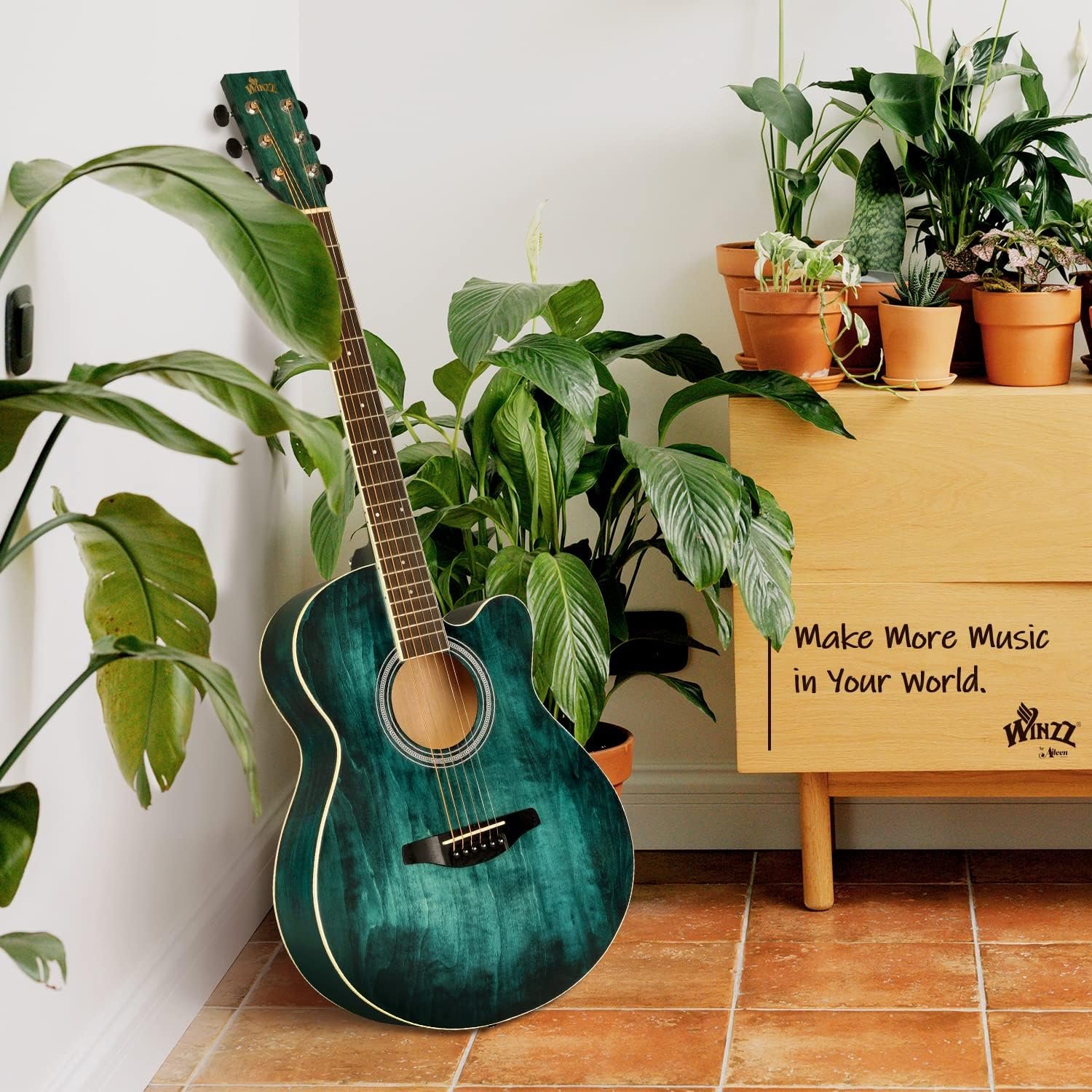 Winzz 40 Inches Acoustic Steel-string Guitar Beginner, Elegant Unique Color Design (Blue-green) - Image 4